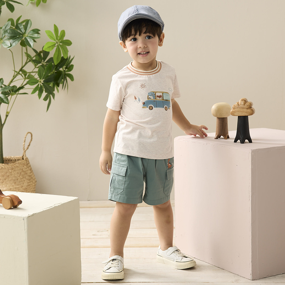 PIPPY小恐龍與小狐狸開車郊遊趣圓領棉質上衣 米