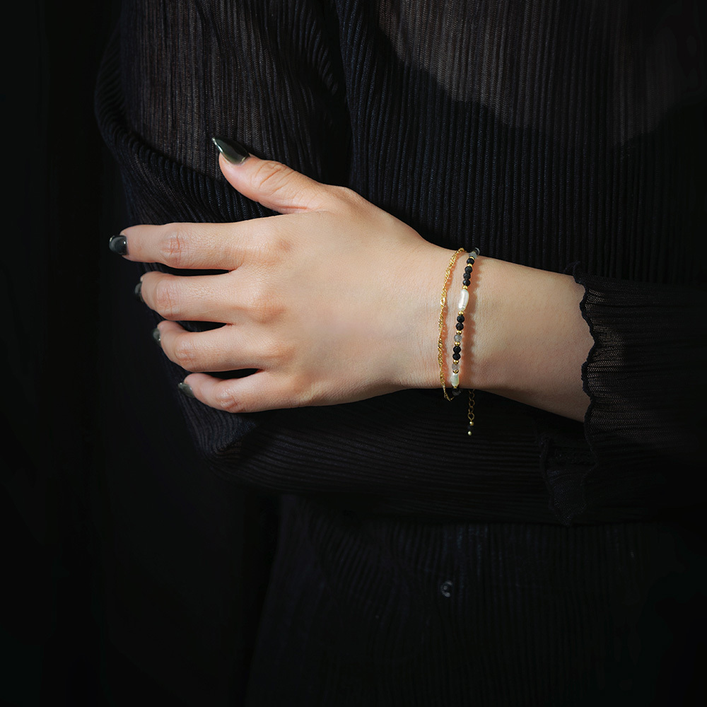 經典美｜珍珠拉長石彩曜石鏈條手鍊 B0017