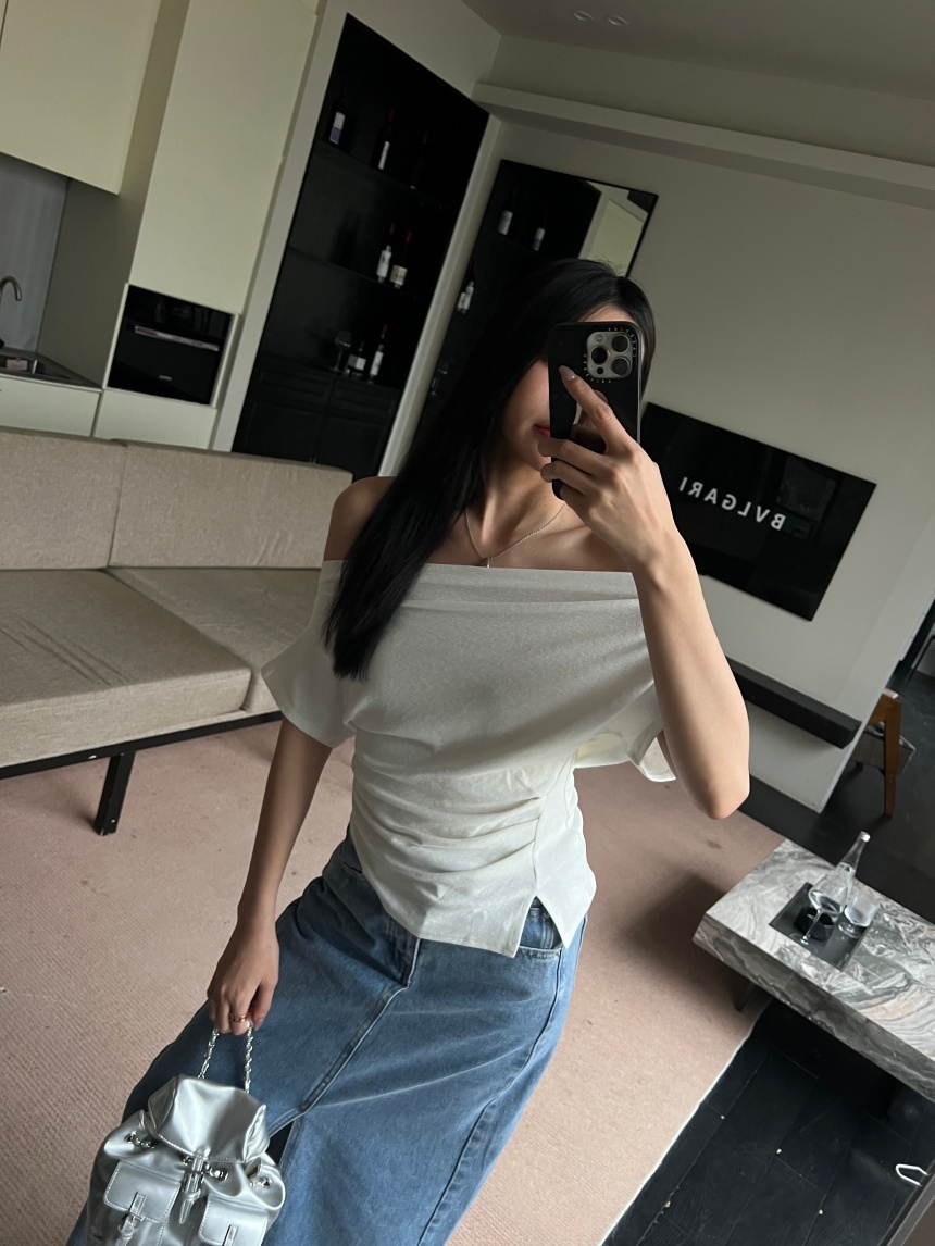 一字領側開衩不規則下擺上衣*3色