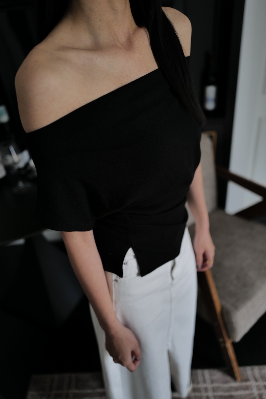 一字領側開衩不規則下擺上衣*3色