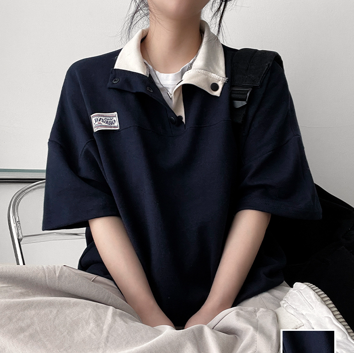 夏季現貨｜拼色按扣領短袖T 恤