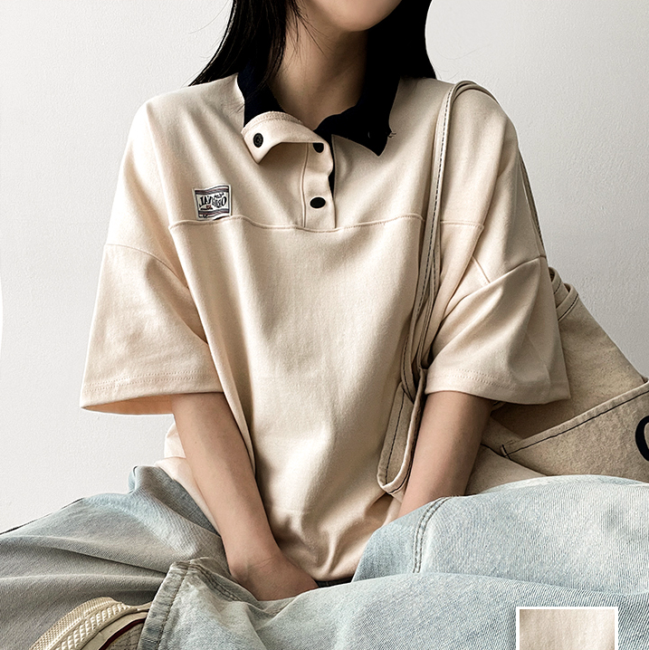 夏季現貨｜拼色按扣領短袖T 恤