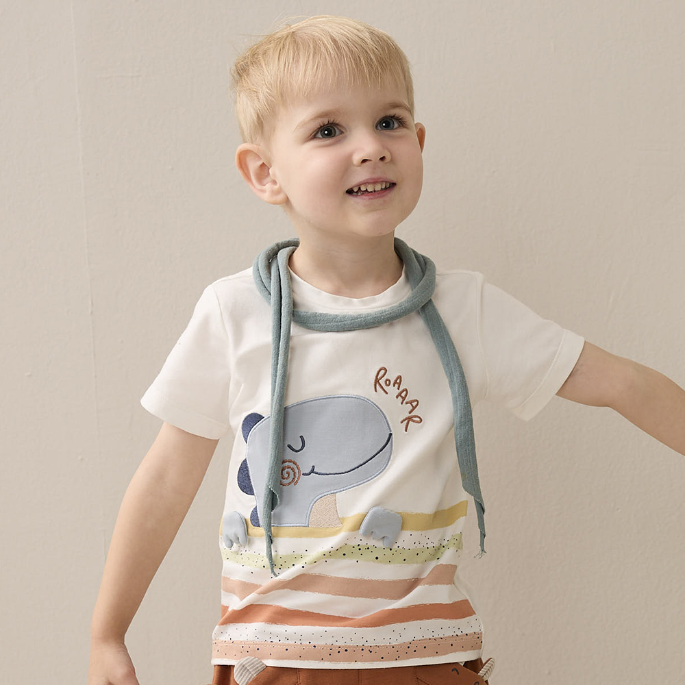 PIPPY悠閒小恐龍彩條圓領棉質上衣 白