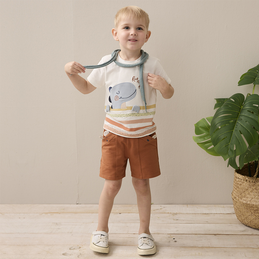 PIPPY悠閒小恐龍彩條圓領棉質上衣 白