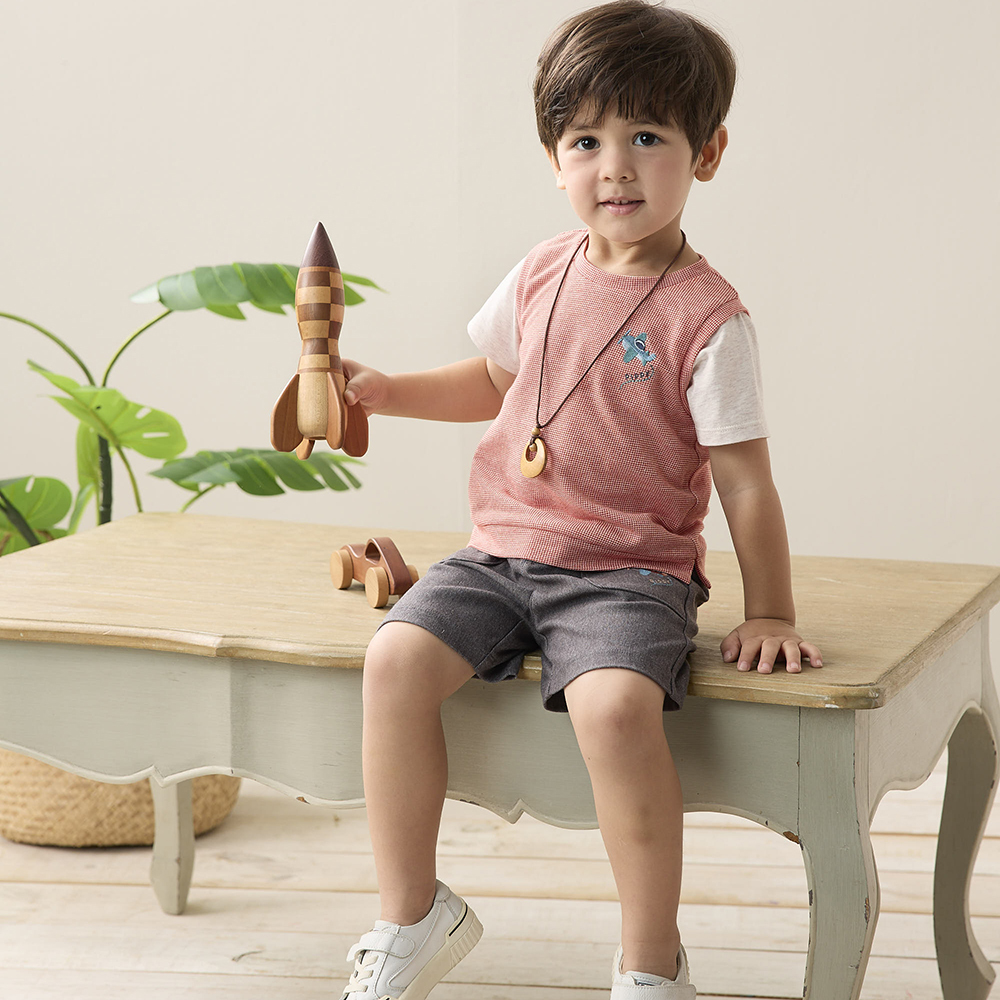 PIPPY 跳色圓領棉質假兩件短袖上衣 橘