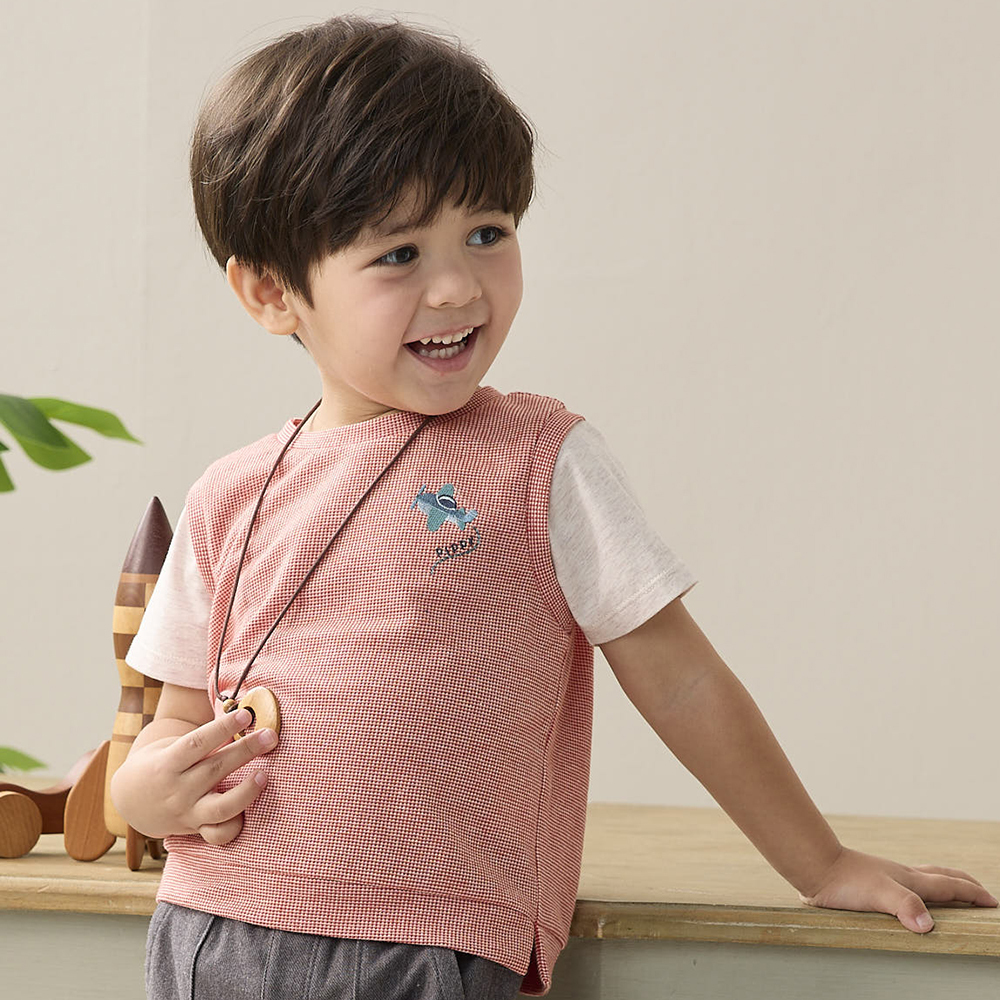 PIPPY 跳色圓領棉質假兩件短袖上衣 橘