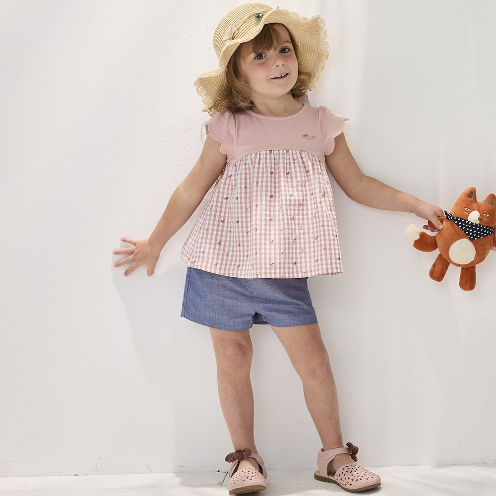 PIPPY 俏麗格紋可愛小櫻桃印花花瓣袖圓領上衣 粉