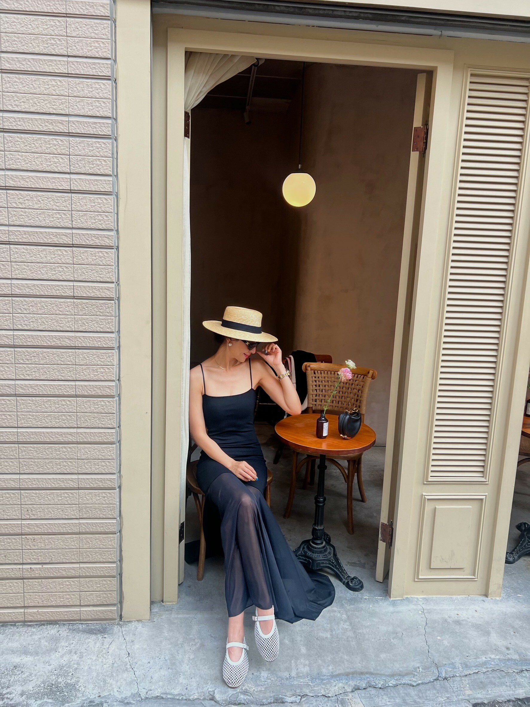 細肩彈性透紗長洋裝