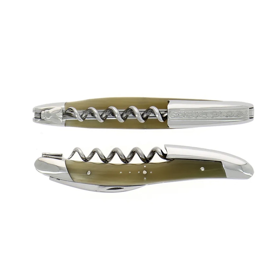 FORGE DE LAGUIOLE | 白牛角亮面刻藤開瓶器 & 大馬士Damascus 刀片