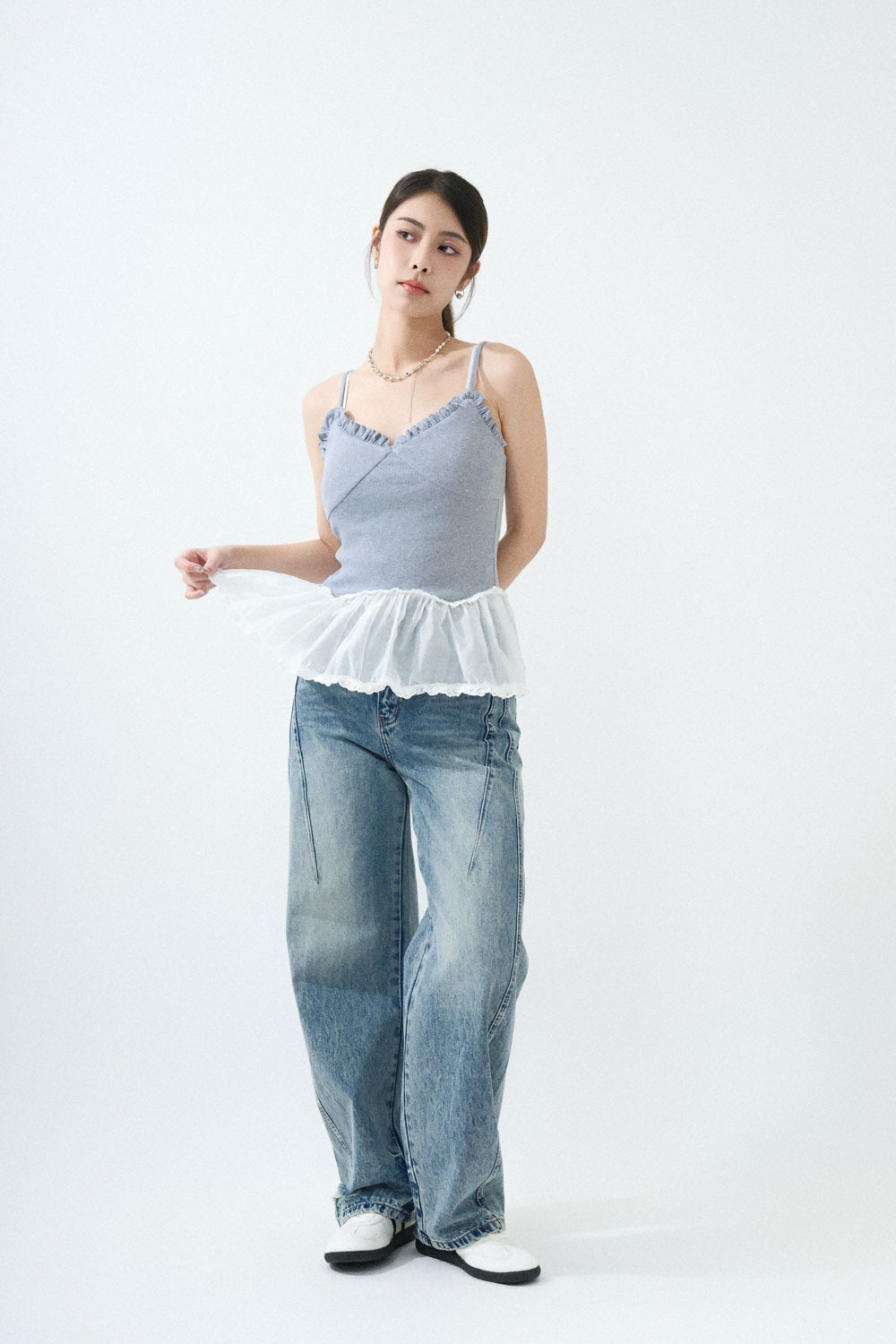 荷葉邊透薄傘腳吊帶背心 (現貨款式）