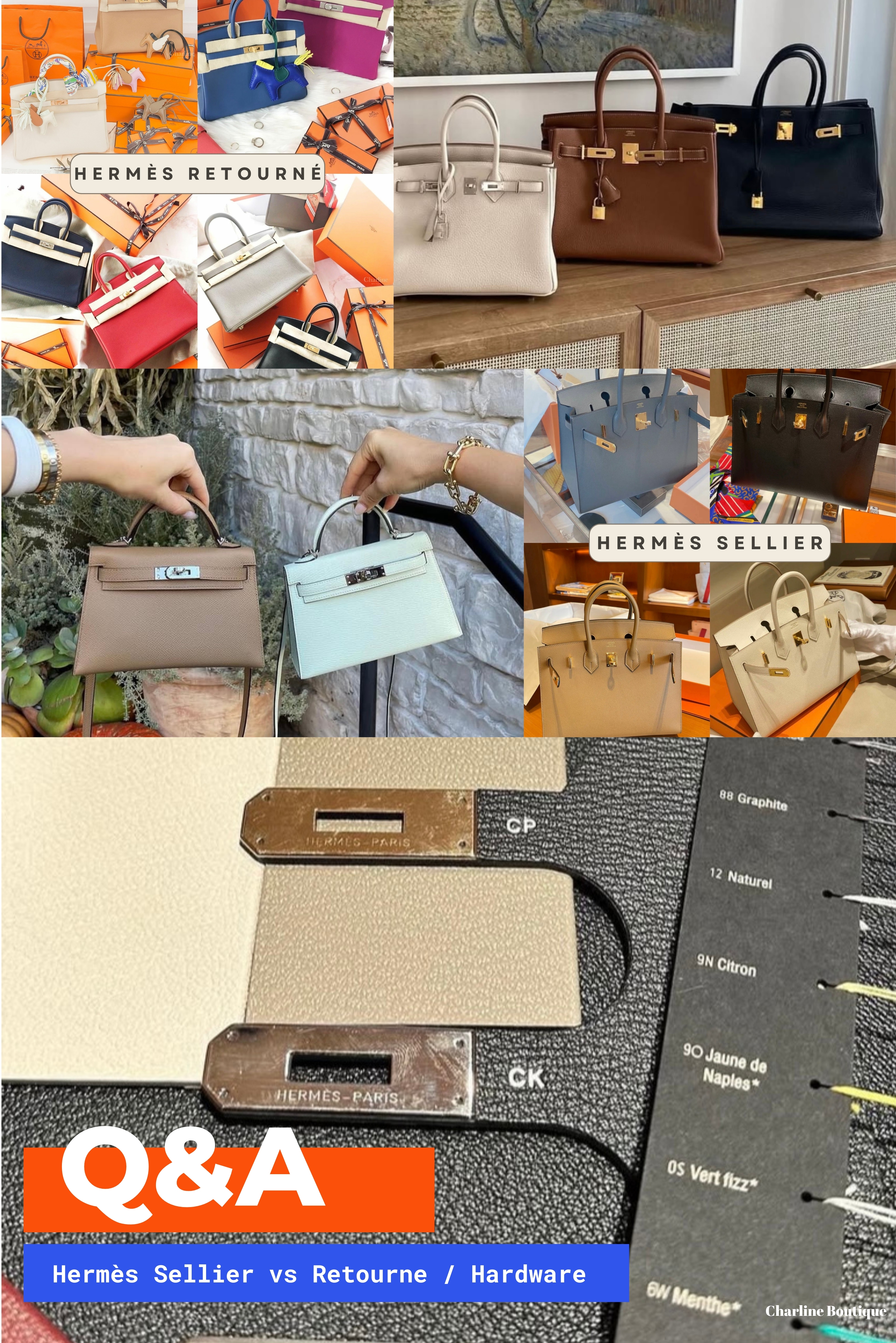 四、Sellier外縫 vs Retourne 內縫差在哪？及金釦 vs 銀釦的選擇？ Hermès 精緻手工縫線工藝是品牌價值的靈魂。以 Kelly 包為例，同樣一咖包會因為縫線工法不同，呈現截然不同的風格與使用體驗。  Sellier：外縫線工法 - 線條硬挺、包型立體 - 氣場強、看起來略大一點 - 適合正式、俐落的穿搭風格 Retourne：內縫線工法 - 線條柔和、包身貼合 - 重量較輕，使用感更輕鬆 - 適合日常、休閒風格者 選擇上可依您平常的穿搭習慣與風格偏好來挑選。 建議閱讀： * HERMÈS 內縫VS外縫，你的愛馬仕風格選哪個？  【金釦還是銀釦？】至於要什麼五金也是一門學問，較常見的大多是以下兩種： 金釦（GHW）：溫暖華麗，適合搭配暖色系如 Gold、Rose Confetti。 銀釦（PHW）：清爽簡約，與冷色系如 Etoupe、Bleu Brume 最速配。 膚色偏暖可選金釦、偏冷建議銀釦。或根據常戴飾品（金色/銀色）來搭配，準沒錯！