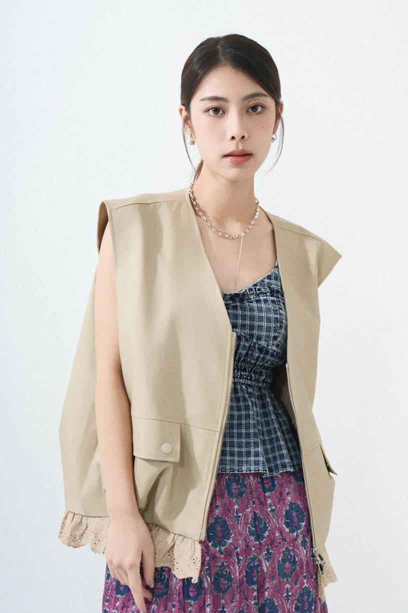 荷葉花邊腳oversize背心外套 (現貨款式）