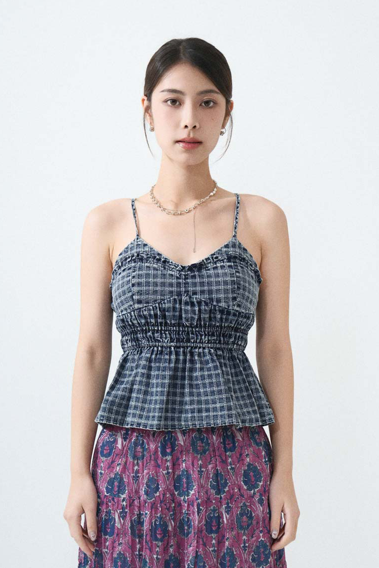 小傘腳格紋洗水牛仔bra top（*現貨款式）