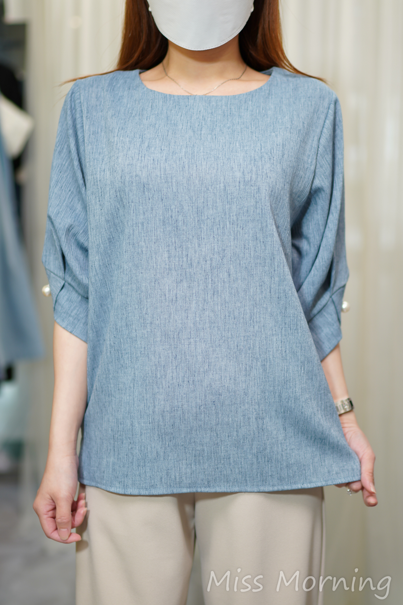 麻料色燙中袖款上衣(14519)