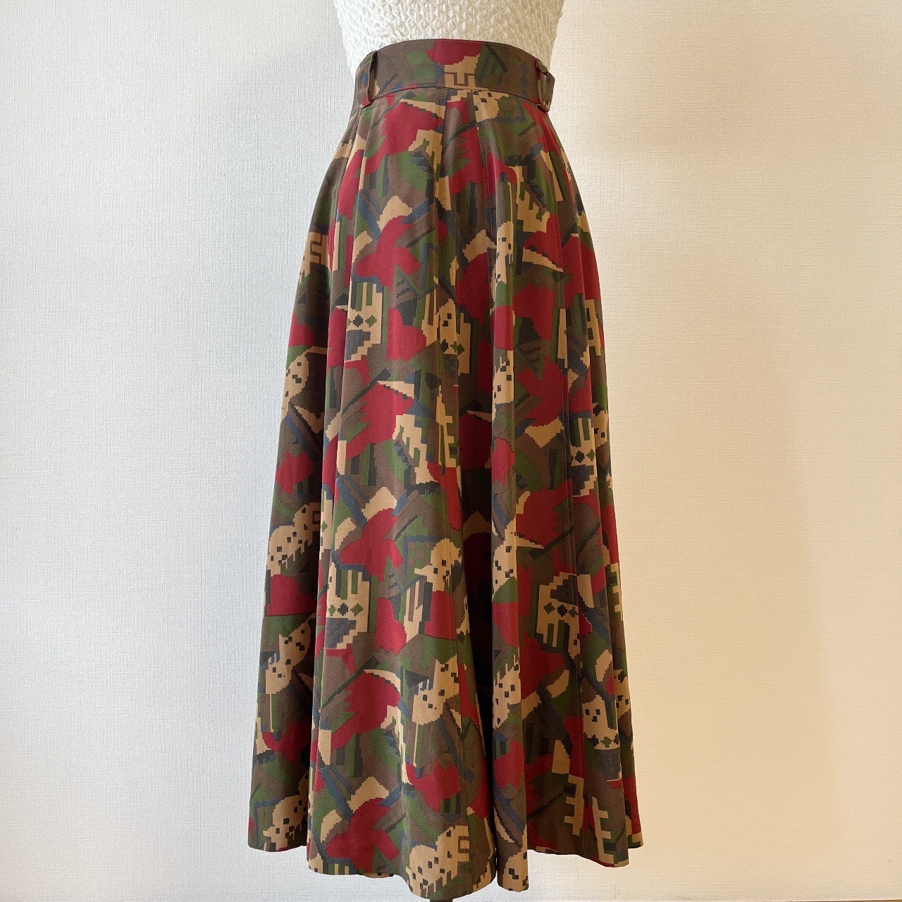 啡紅色像素圖案古著半裙