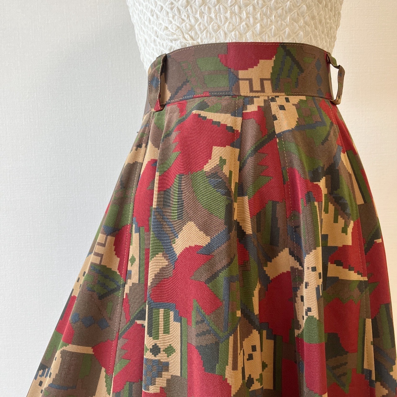 啡紅色像素圖案古著半裙