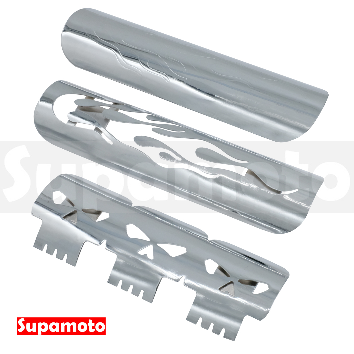 -Supamoto- 排氣管防燙蓋—電鍍鏤空火焰骷髏 (街車/美式/復古/銀色/黑色/防燙罩/復古/通用/改裝/檔車)