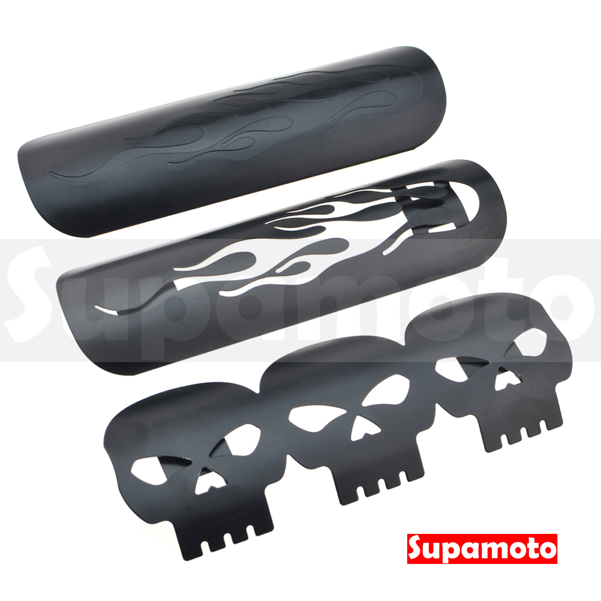 -Supamoto- 排氣管防燙蓋—黑色鏤空火焰骷髏 (街車/美式/復古/銀色/電鍍/防燙罩/復古/通用/改裝/檔車)