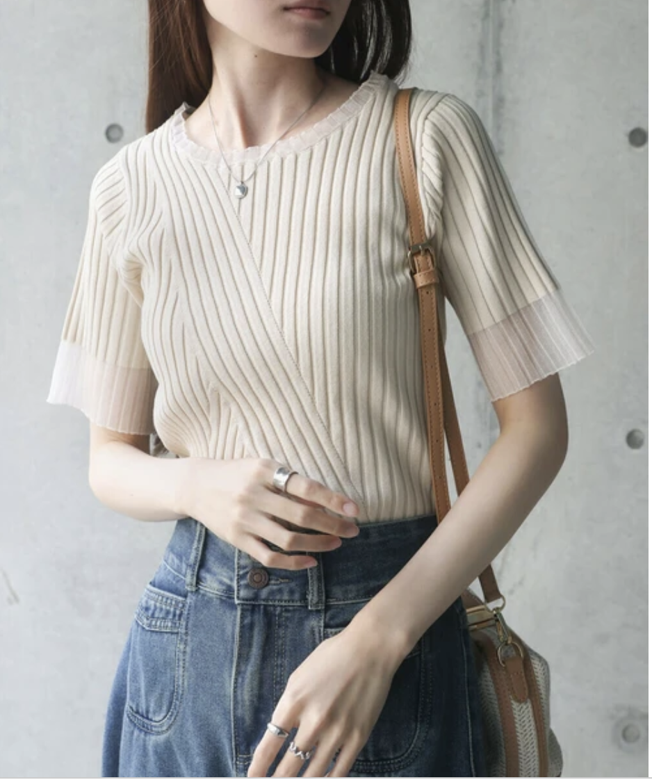 ｛Special Price｝ 象牙白紗邊五分袖羅紋針織上衣 【日本直送】