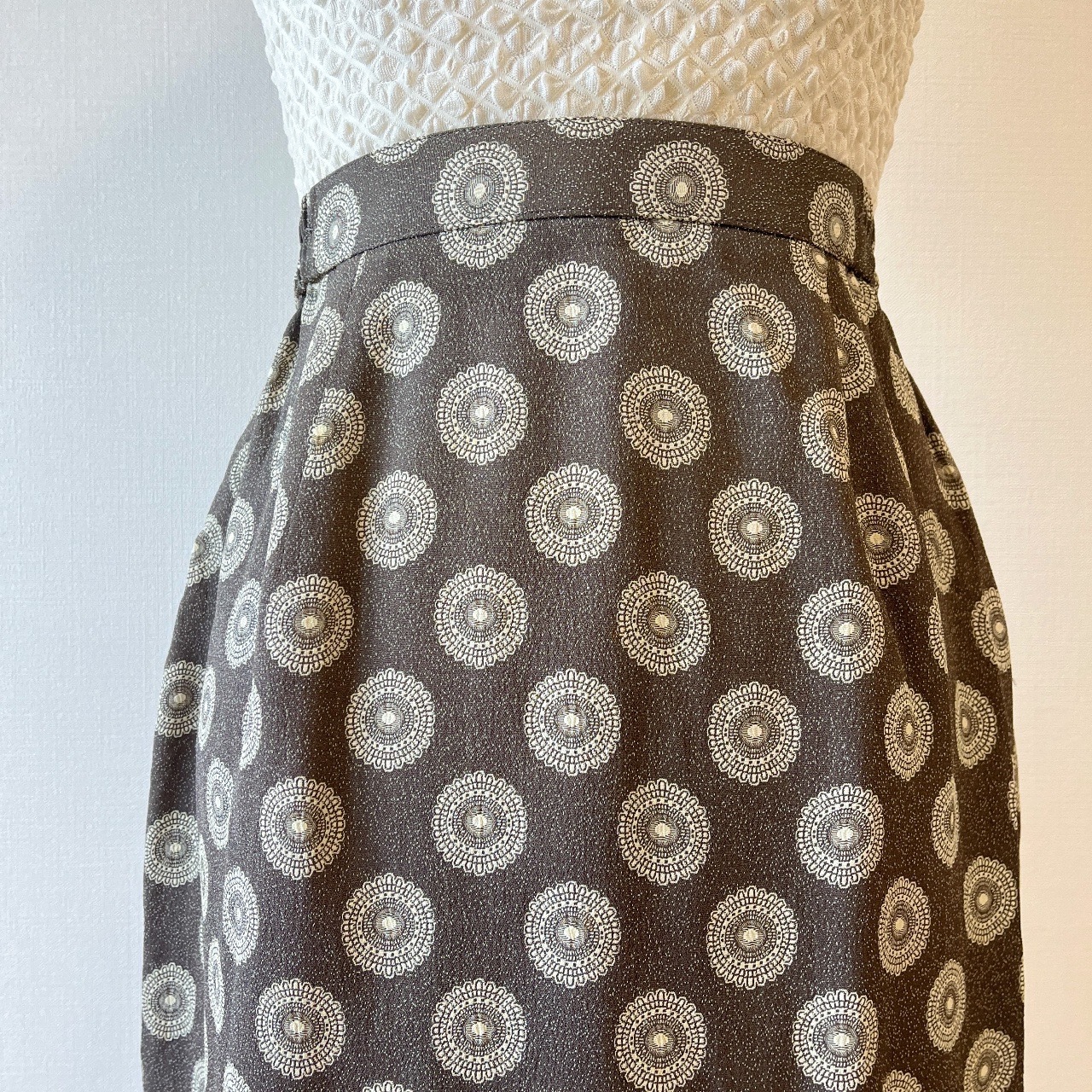 深燕麥色和服布圓形圖騰古著半裙