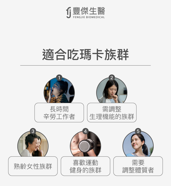 適合吃瑪卡的族群包含：長時間辛勞工作者、需調整生理機能者、熟齡女性、喜歡運動健身者及需要調整體質者。
