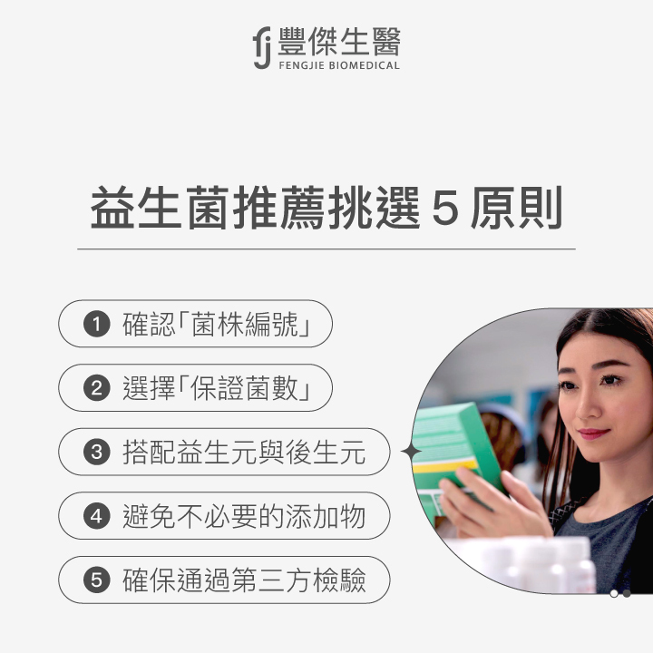 益生菌推薦挑選五大原則包括：1. 確認菌株編號，2. 選擇保證菌數，3. 搭配益生元與後生元，4. 避免不必要的添加物，5. 確保通過第三方檢驗。