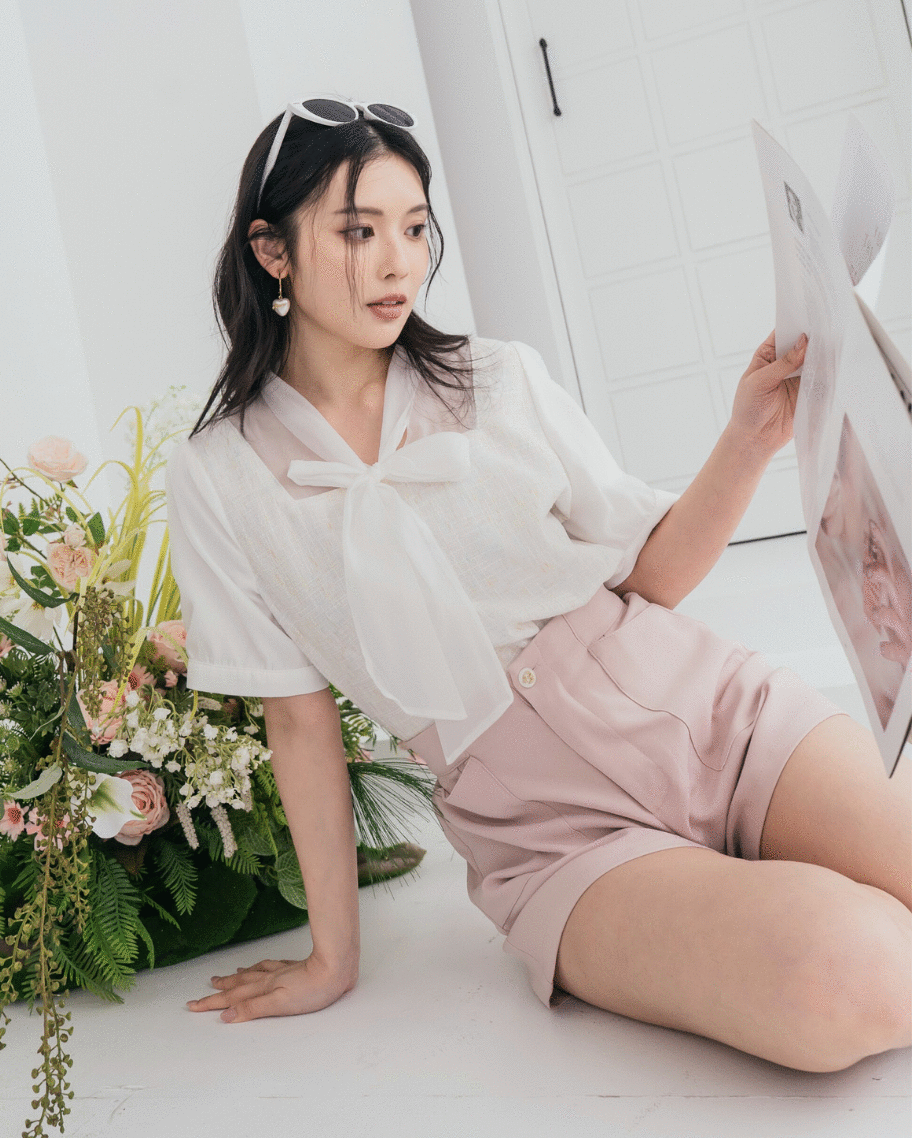 優雅小香風微透紗袖綁結上衣