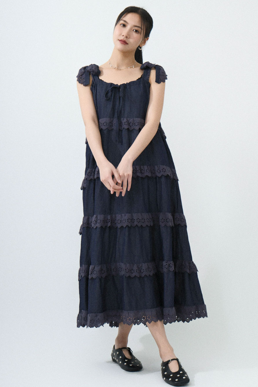 棉通花邊綁肩帶蛋糕連身裙 (*現貨款式）