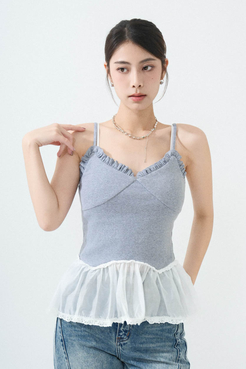 荷葉邊透薄傘腳吊帶背心 (現貨款式）