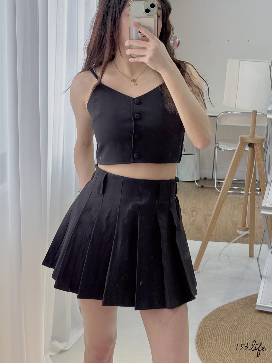 |現貨|質感西裝布鬆緊百褶裙套裝(黑)