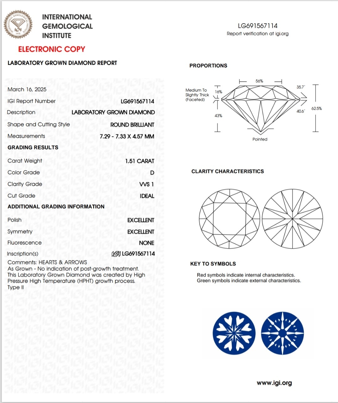 IGI LAB GROWN DIAMOND 1.51 D VVS1 IDEAL 2EX NON