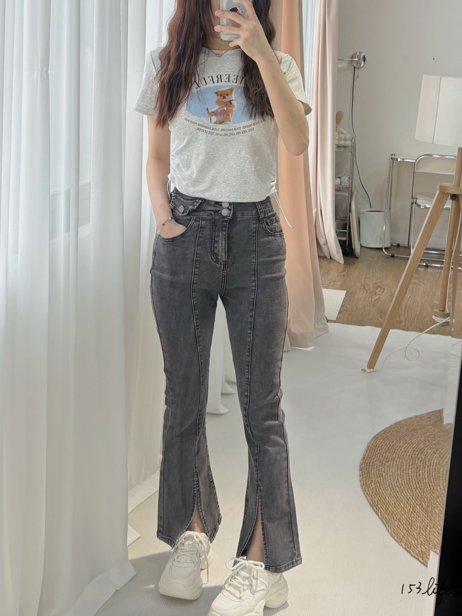 黑灰三釦前開衩喇叭褲(S-XL)