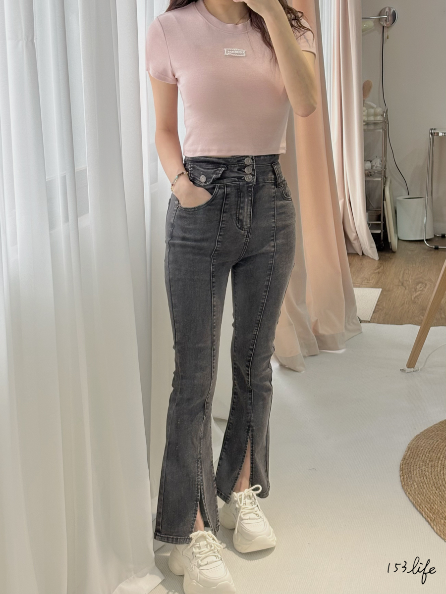 黑灰三釦前開衩喇叭褲(S-XL)