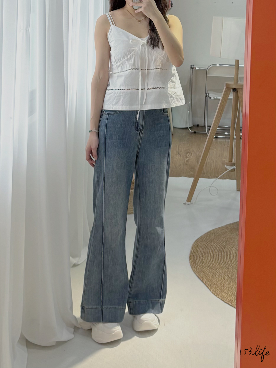 [深藍]時髦姐姐線條高腰牛仔微喇叭寬褲(XXS-L)(九分/長款)