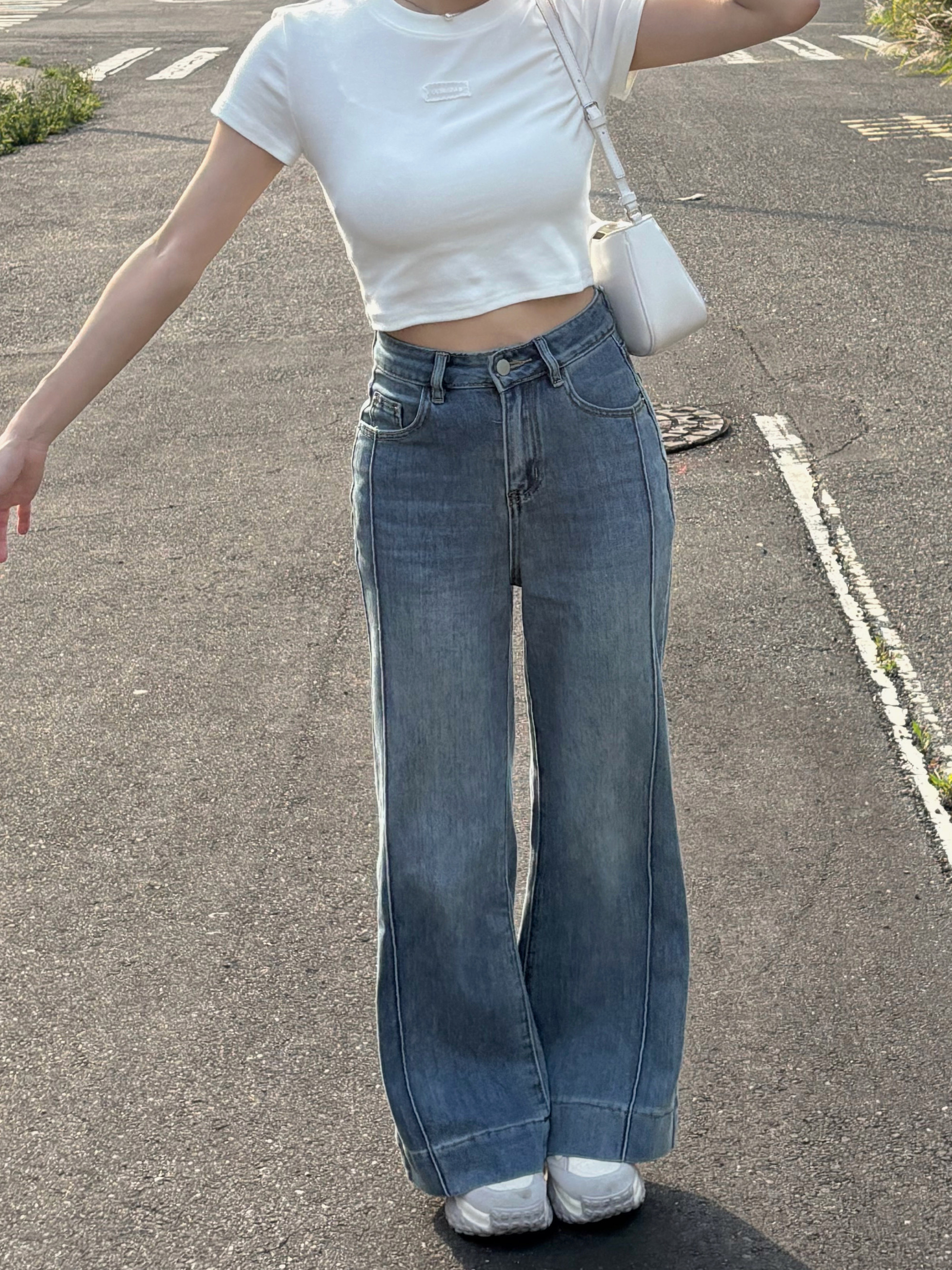 [深藍]時髦姐姐線條高腰牛仔微喇叭寬褲(XXS-L)(九分/長款)