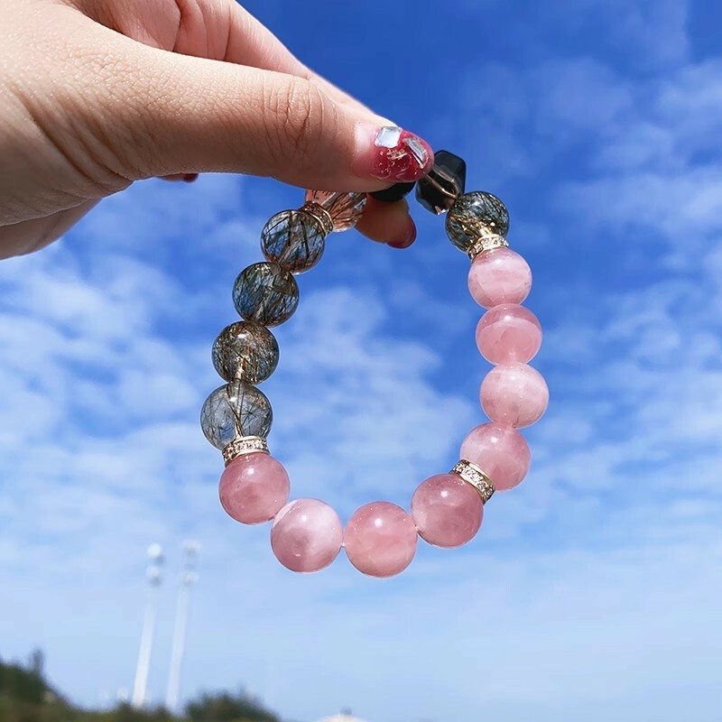 【晶愛之境】馬達加斯加粉水晶×黑金超七×碧璽手鍊