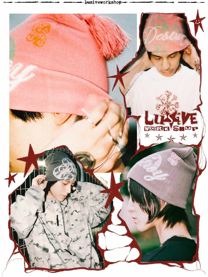 LUSIVE｜Destroy Tassel Beanie 破壞文字流蘇毛線帽 (灰色)