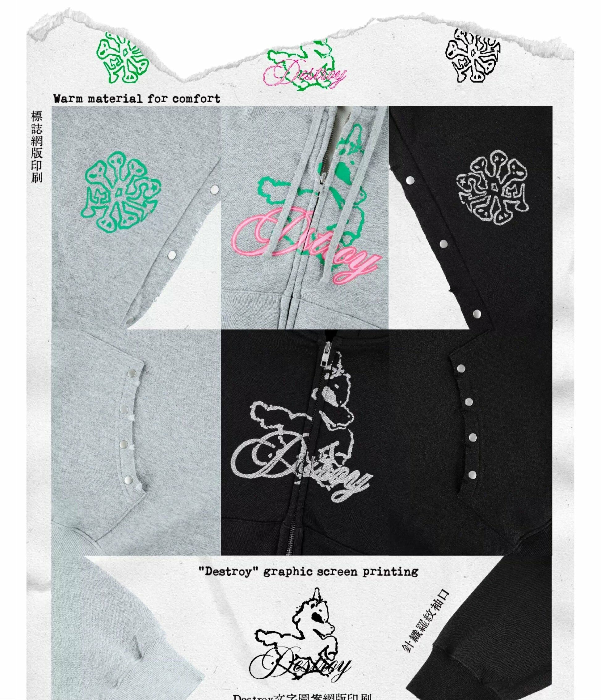 LUSIVE｜STUDDED ''DESTROY'' PRINT ZIP UP HOODIE 鉚釘“破壞”印花拉鍊連帽外套 (灰色)