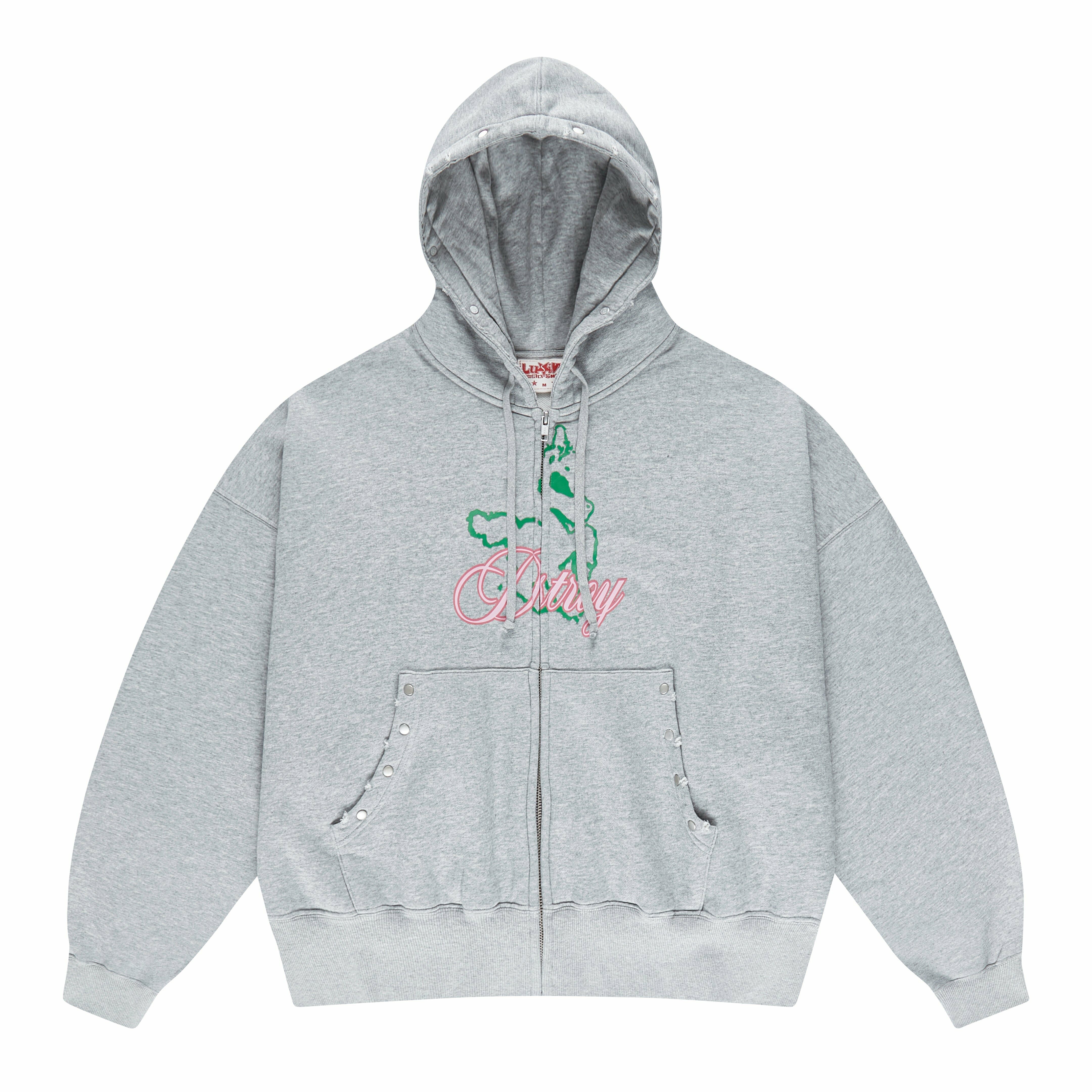 LUSIVE｜STUDDED ''DESTROY'' PRINT ZIP UP HOODIE 鉚釘“破壞”印花拉鍊連帽外套 (灰色)