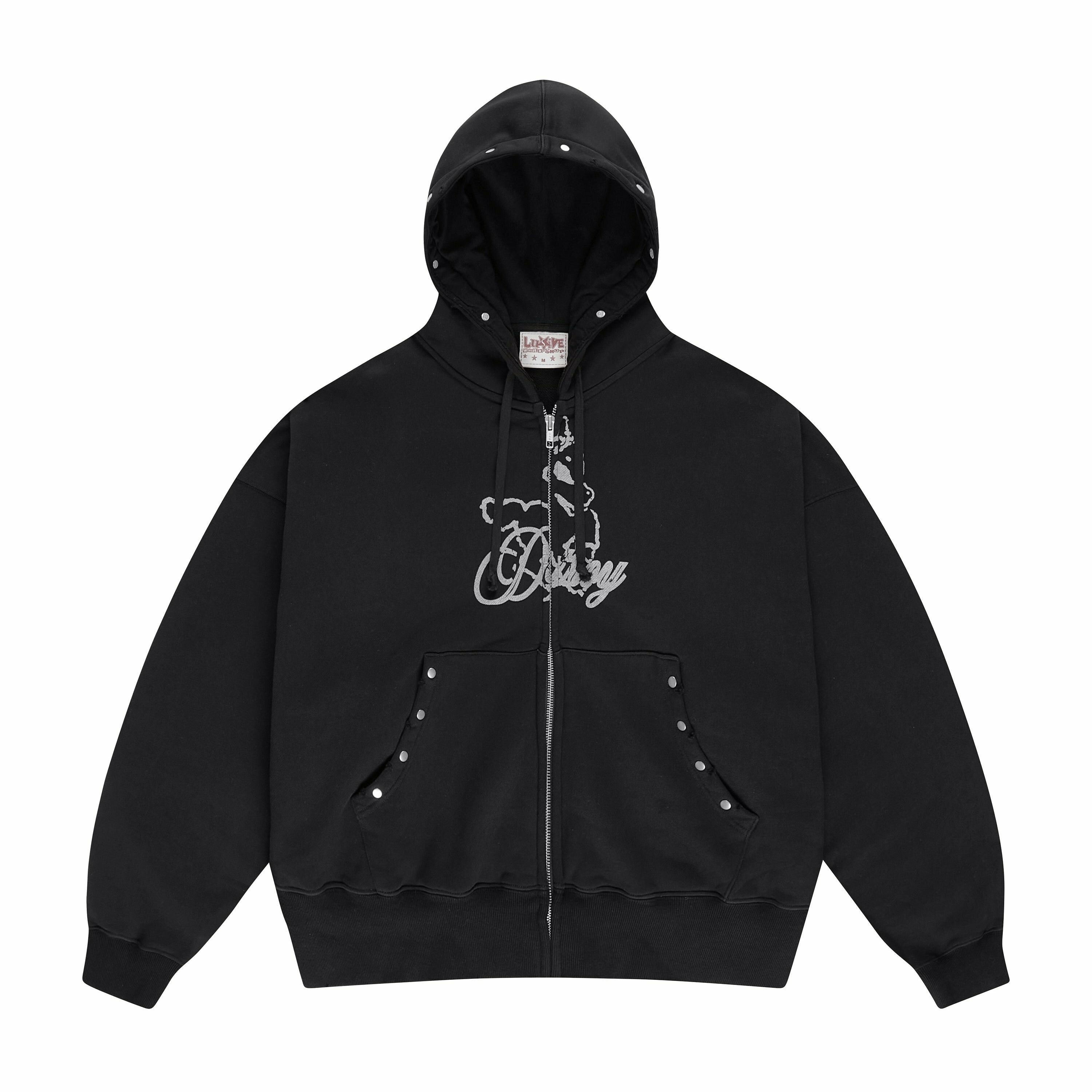 LUSIVE｜STUDDED ''DESTROY'' PRINT ZIP UP HOODIE 鉚釘“破壞”印花拉鍊連帽外套 (黑色)