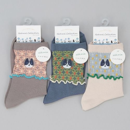 貓與花圖案短襪