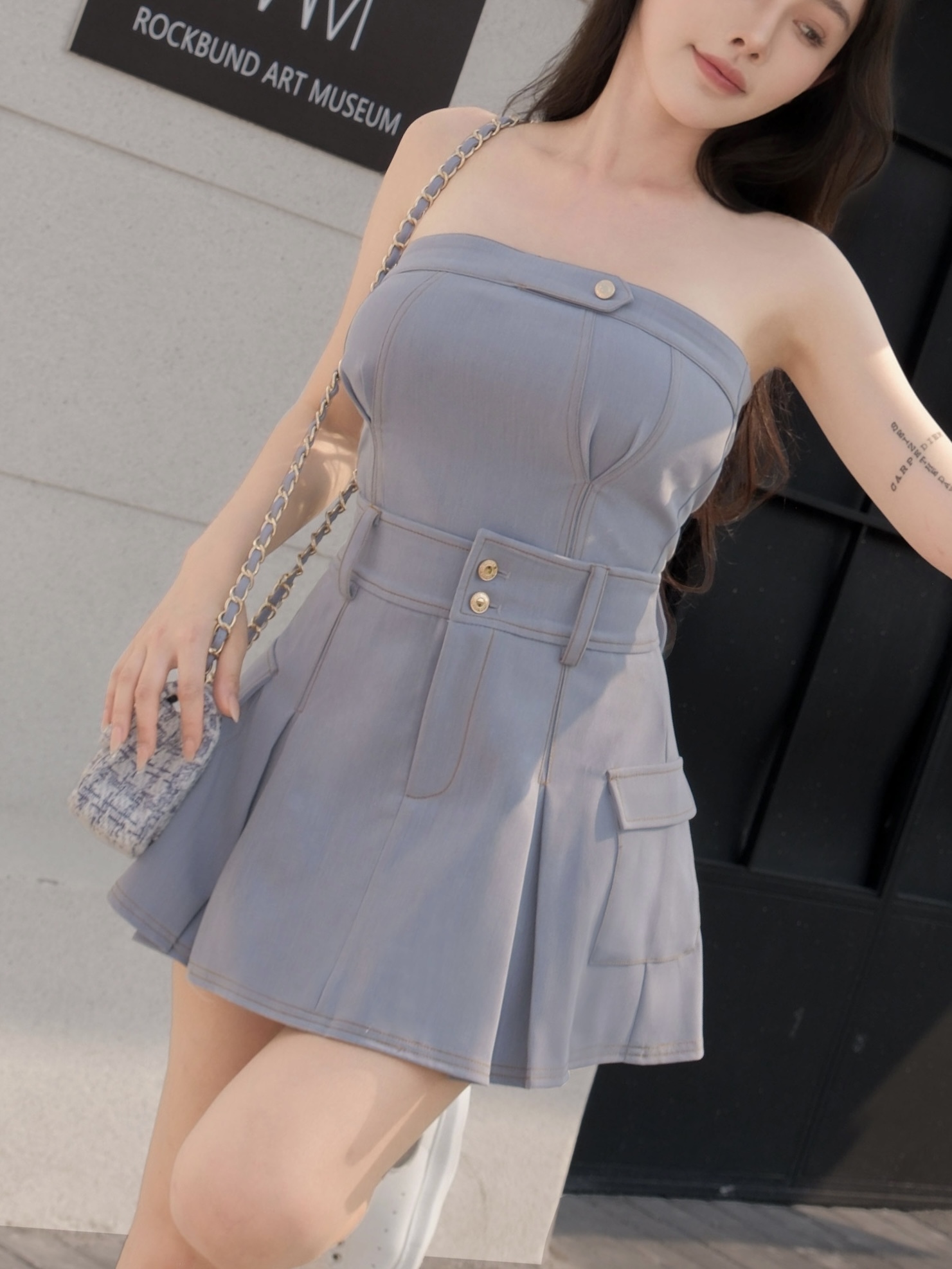 訂製-個性車線口袋百褶裙