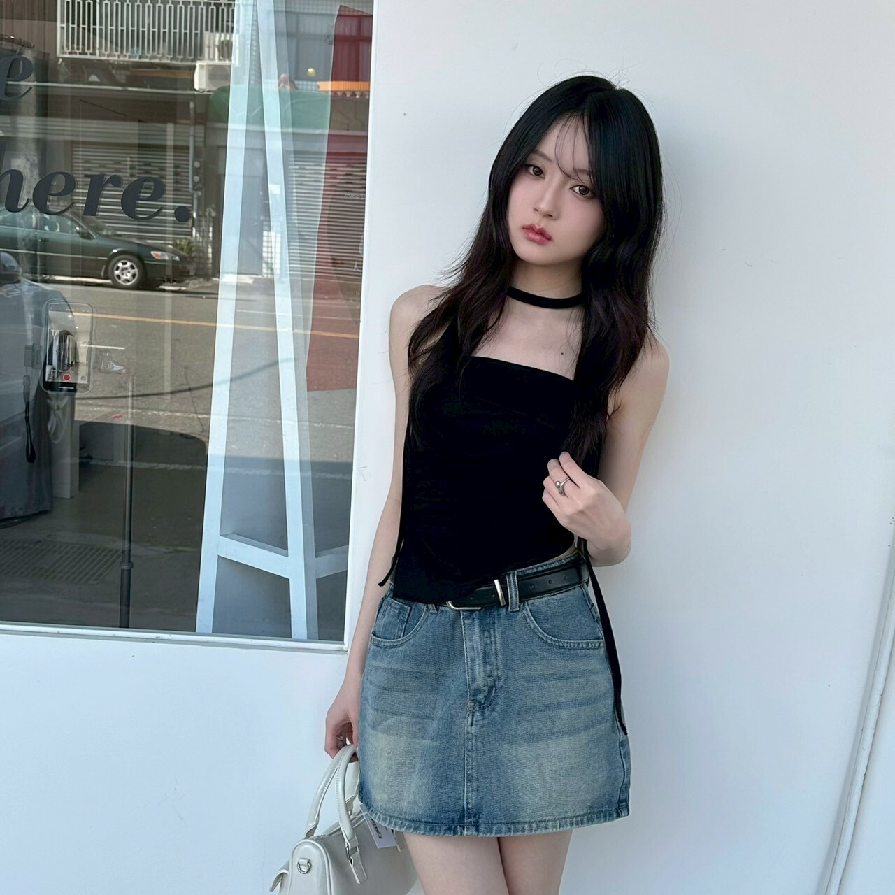 繞脖一字斜下擺背心