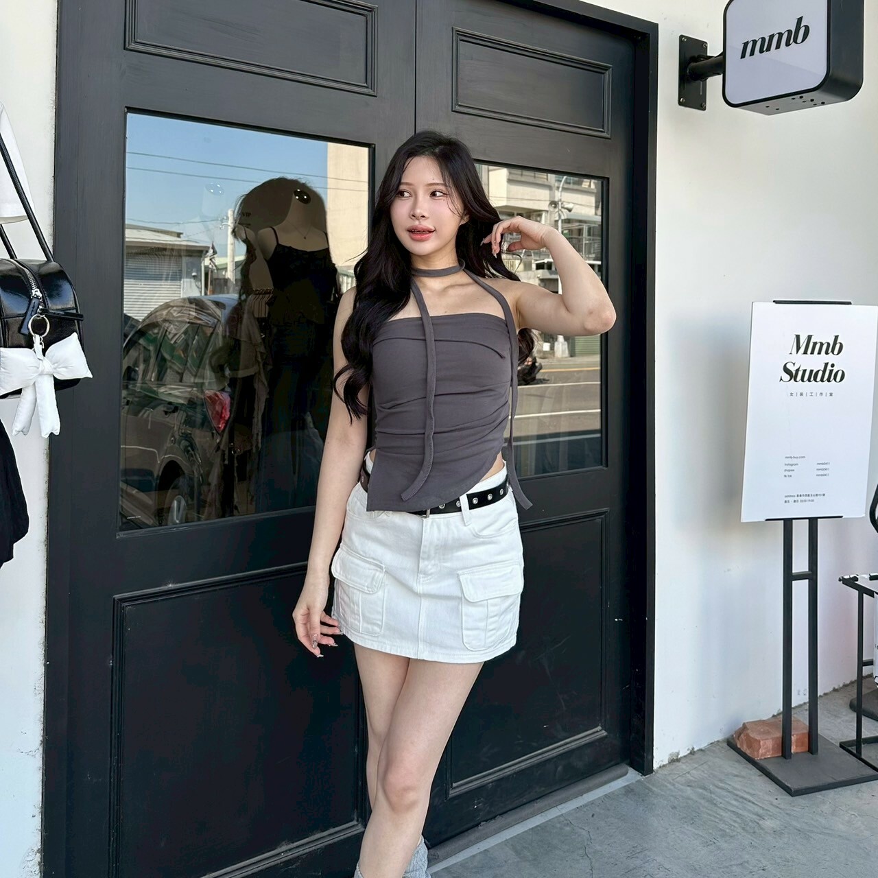 繞脖一字斜下擺背心