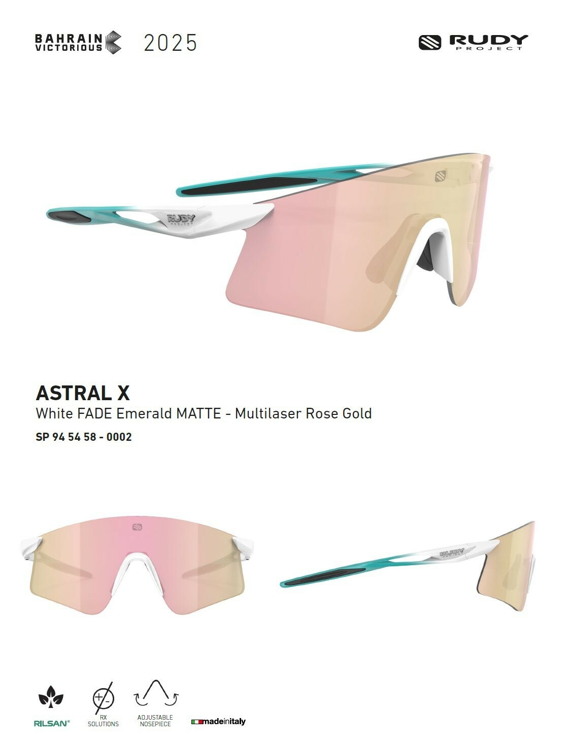 Rudy Project ASTRAL X 無框設計 太陽眼鏡/車隊版配色 White FADE Emerald MATTE