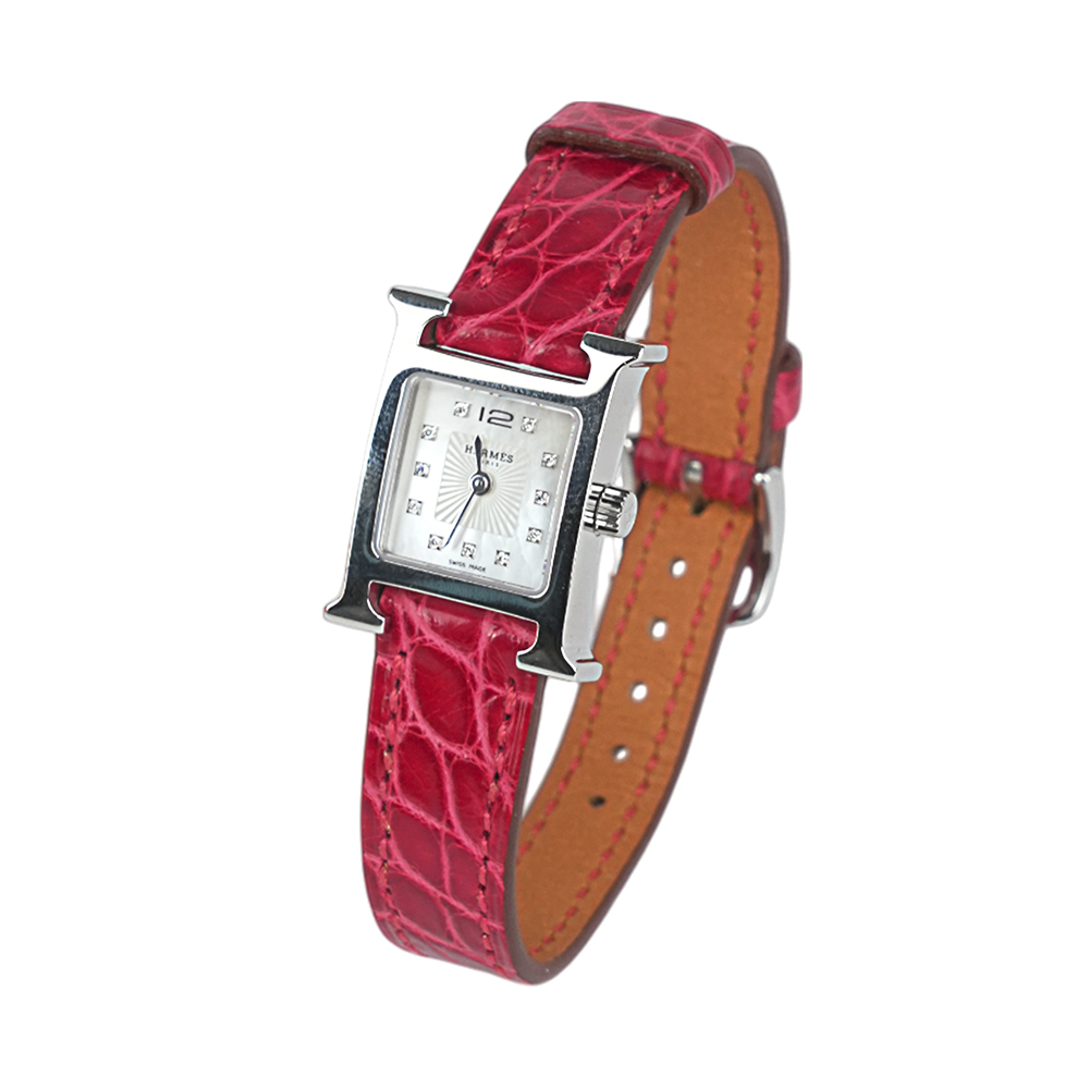 【HERMES】Heure H 鱷魚皮錶帶帶鑽女錶 21mm (紅色)W037890WW 00