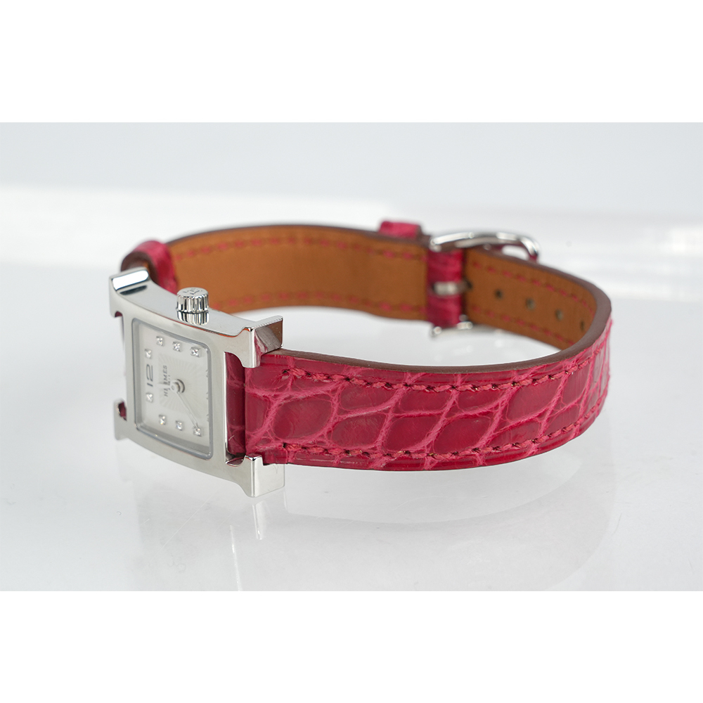 【HERMES】Heure H 鱷魚皮錶帶帶鑽女錶 21mm (紅色)W037890WW 00