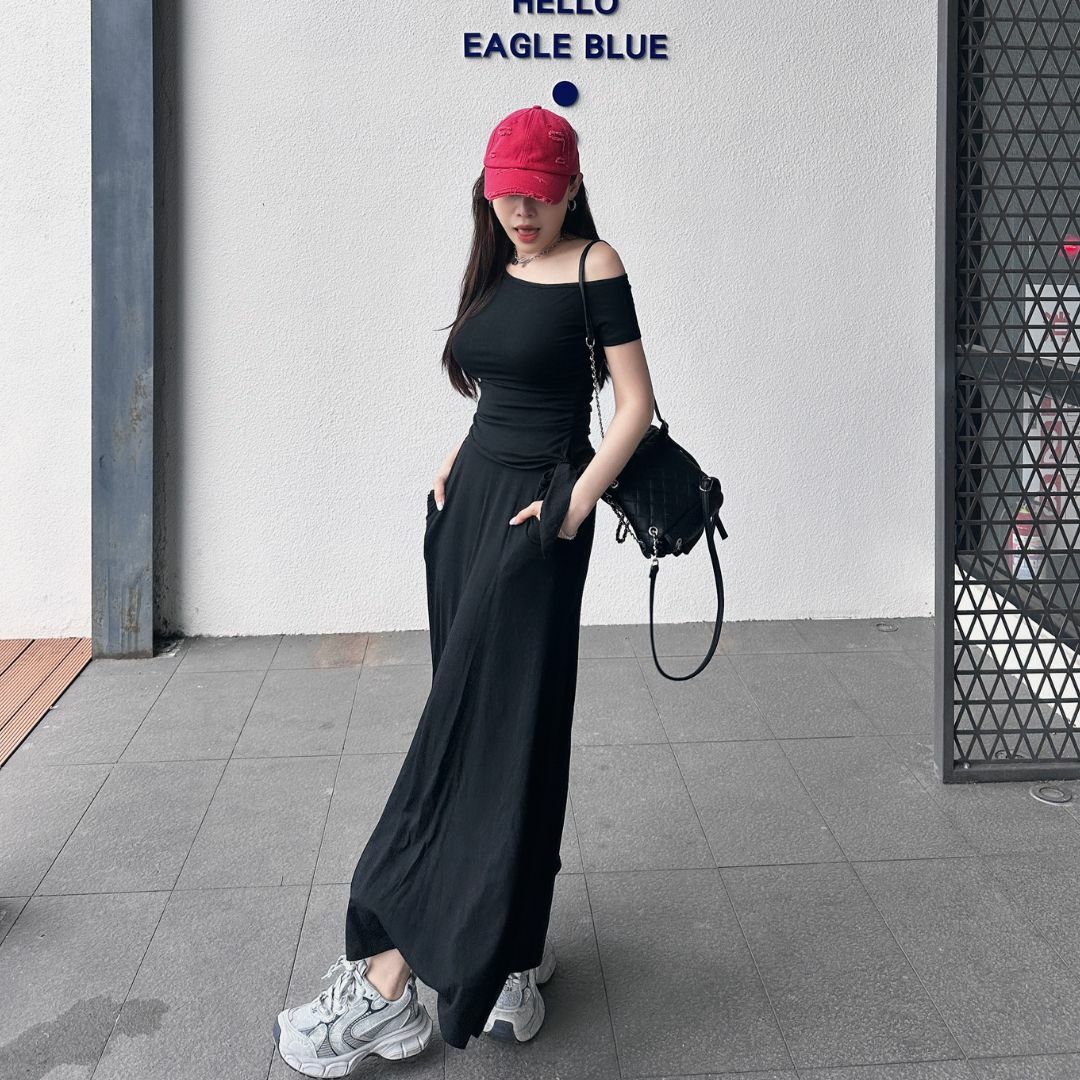 【顯瘦慵懶mix】DOMISS短袖露肩上衣+長裙 兩件套裝 洋裝(現貨)