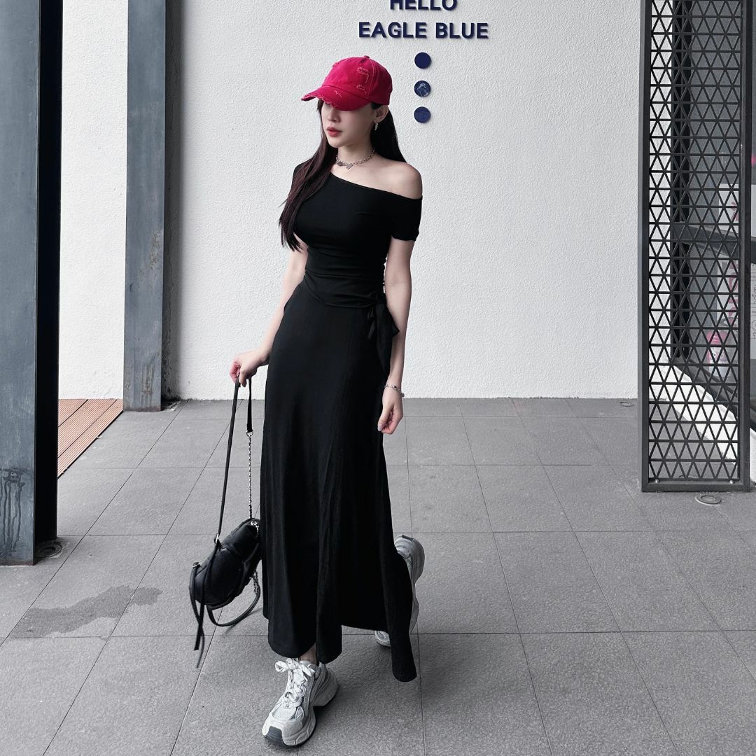 【顯瘦慵懶mix】DOMISS短袖露肩上衣+長裙 兩件套裝 洋裝(現貨)