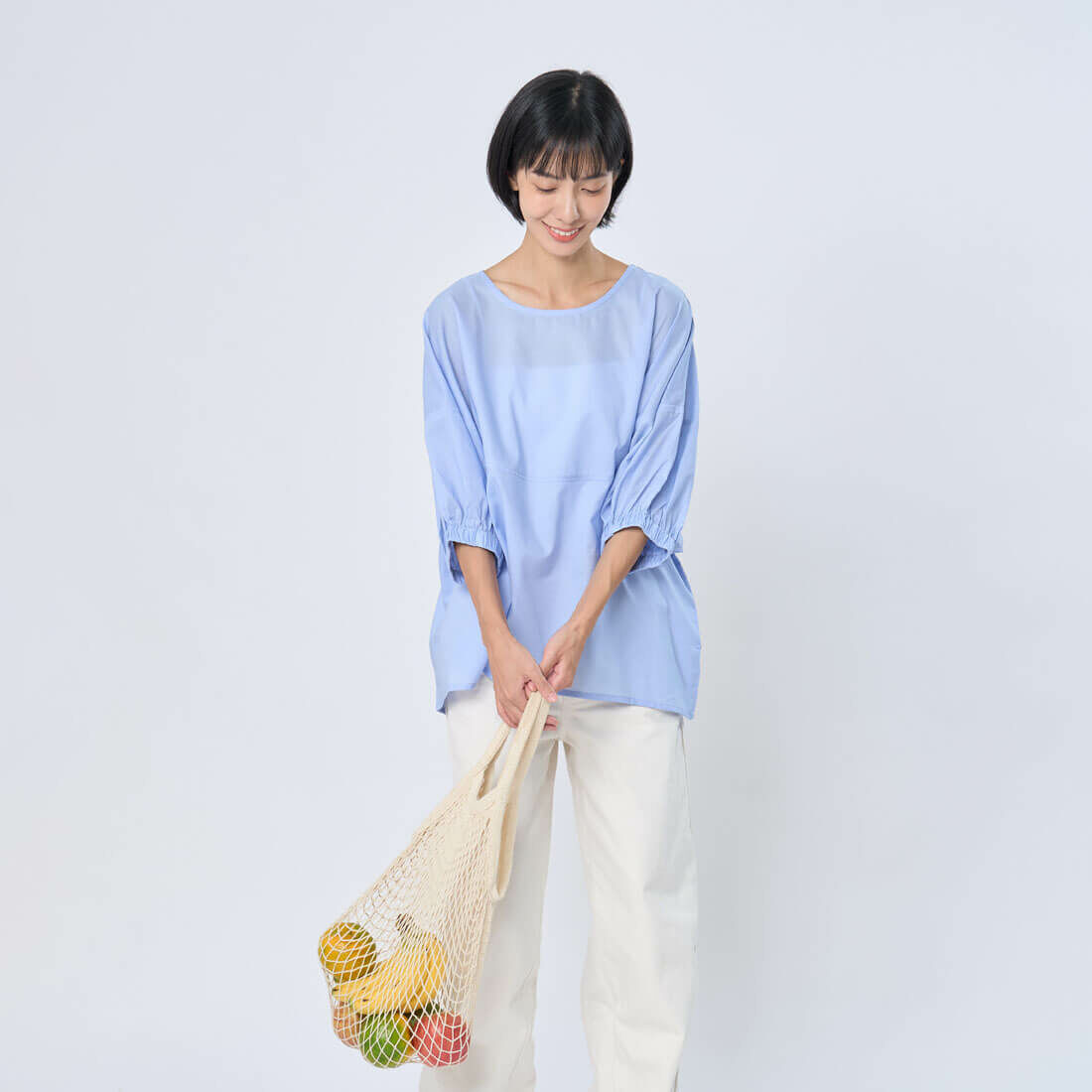 Opie 棉質圓剪接寬版上衣| 紫籐藍